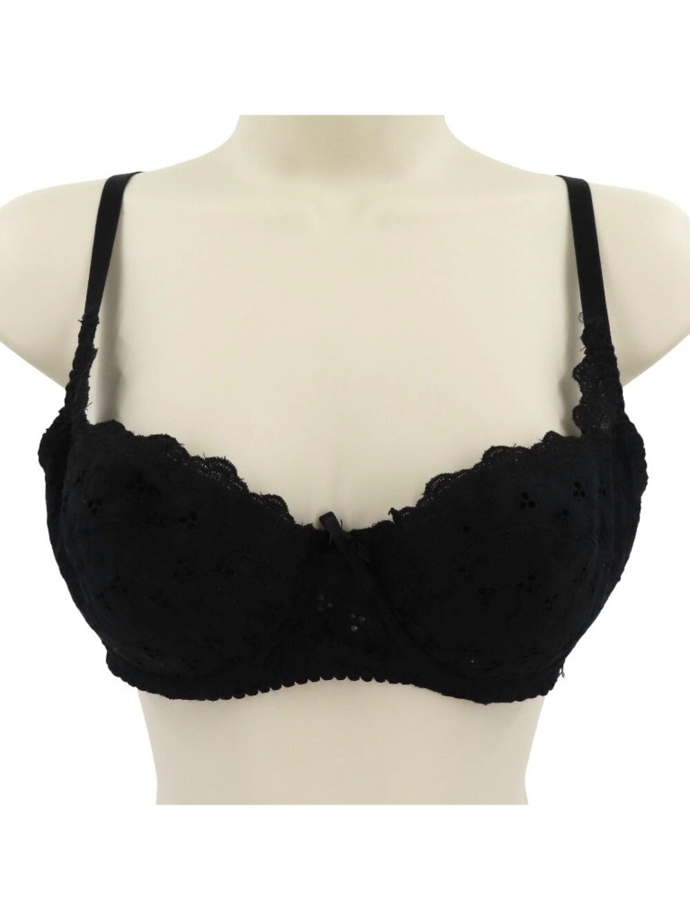 VTG Felina Women 32C Bra Solid Black Eyelet Underwire Padded Scallop Trim Bows